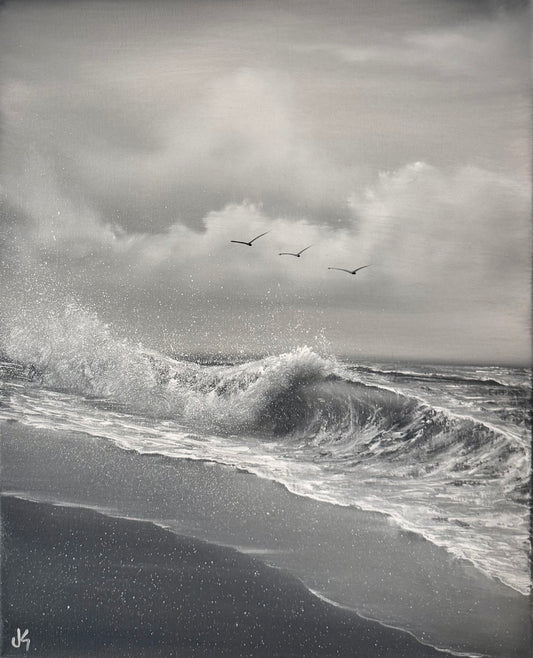 Painting #2253 - 16x20" Canvas - Black and White Seascape painted 1-24-26