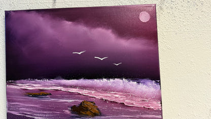 Painting #2001 - 16x20" Canvas - Full Moon Seascape painted 8-16-25