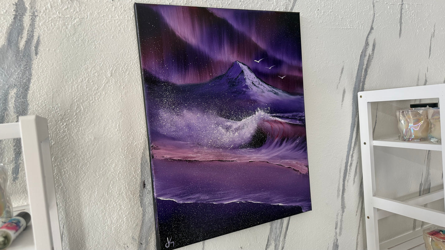 Painting #2031 - 16x20" Canvas - Aurora Mountain Seascape painted 8-31-25