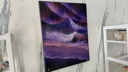 Painting #2031 - 16x20" Canvas - Aurora Mountain Seascape painted 8-31-25