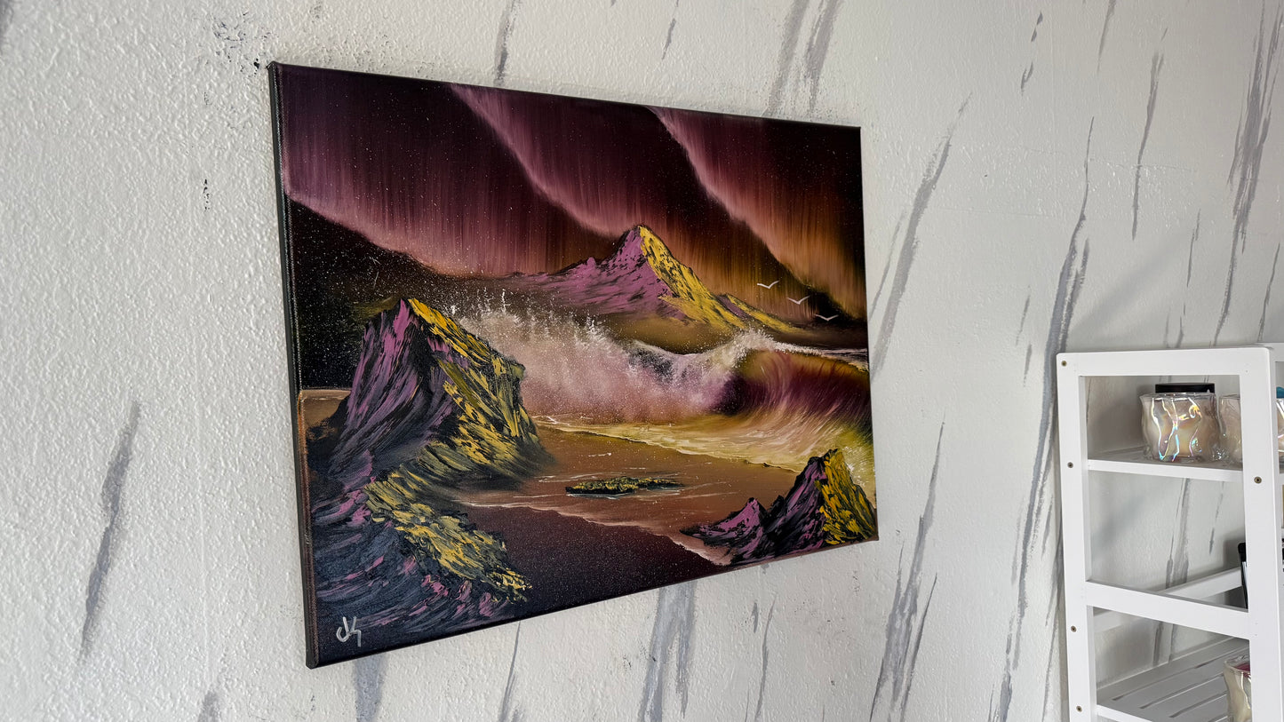 Painting #1983 - 18x24" Canvas - Aurora Mountain Seascape painted 8-8-25