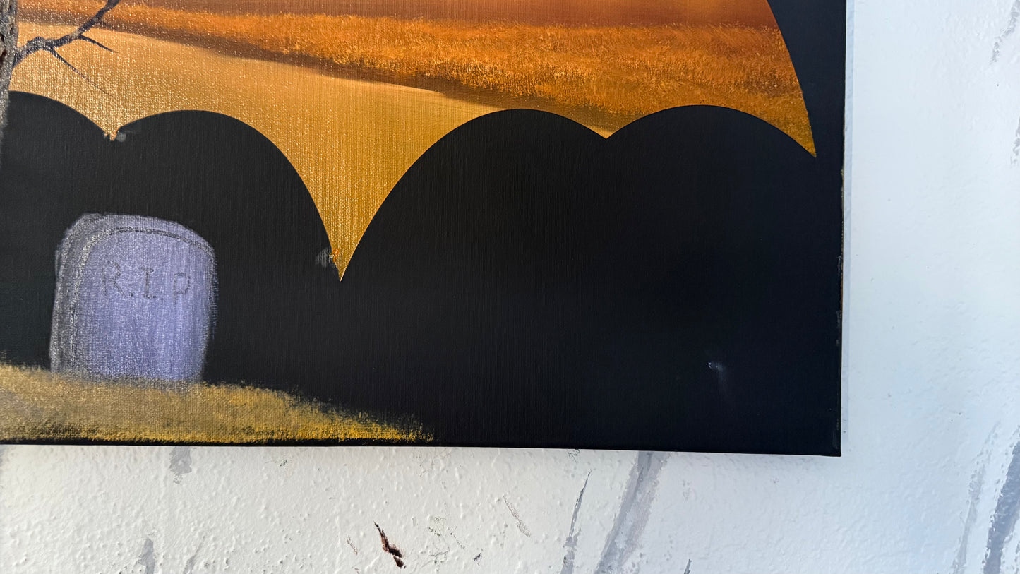 Painting #2048 - 16x20" Canvas - BAT Halloween Landscape painted 9-11-25