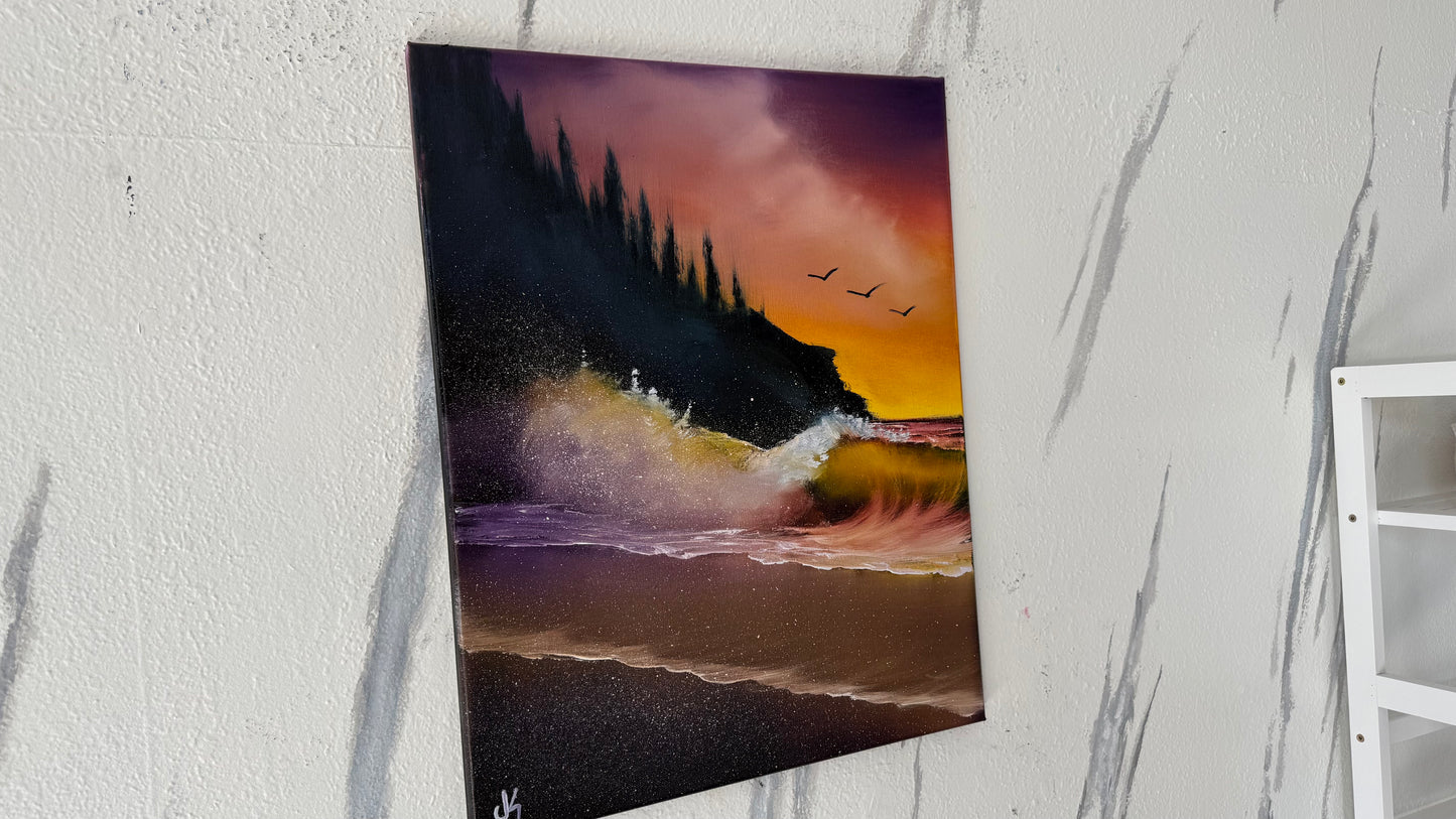 Painting #1975 - 16x20" Canvas - Sunset Oregon Coast Seascape painted 8-3-25