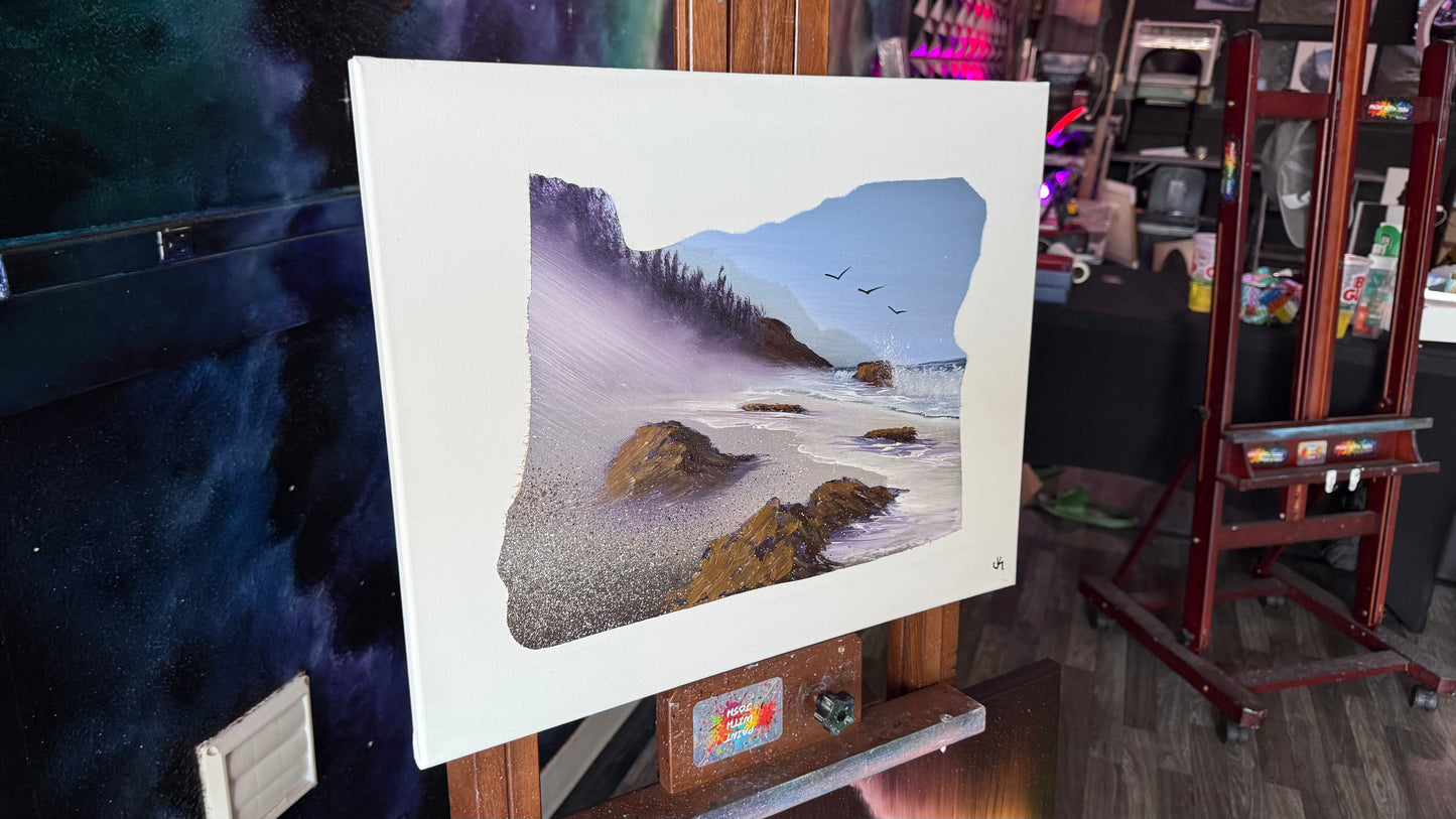 Painting #2032 - 16x20" Canvas - Oregon Coast Seascape on Oregon Stencil painted 9-1-25