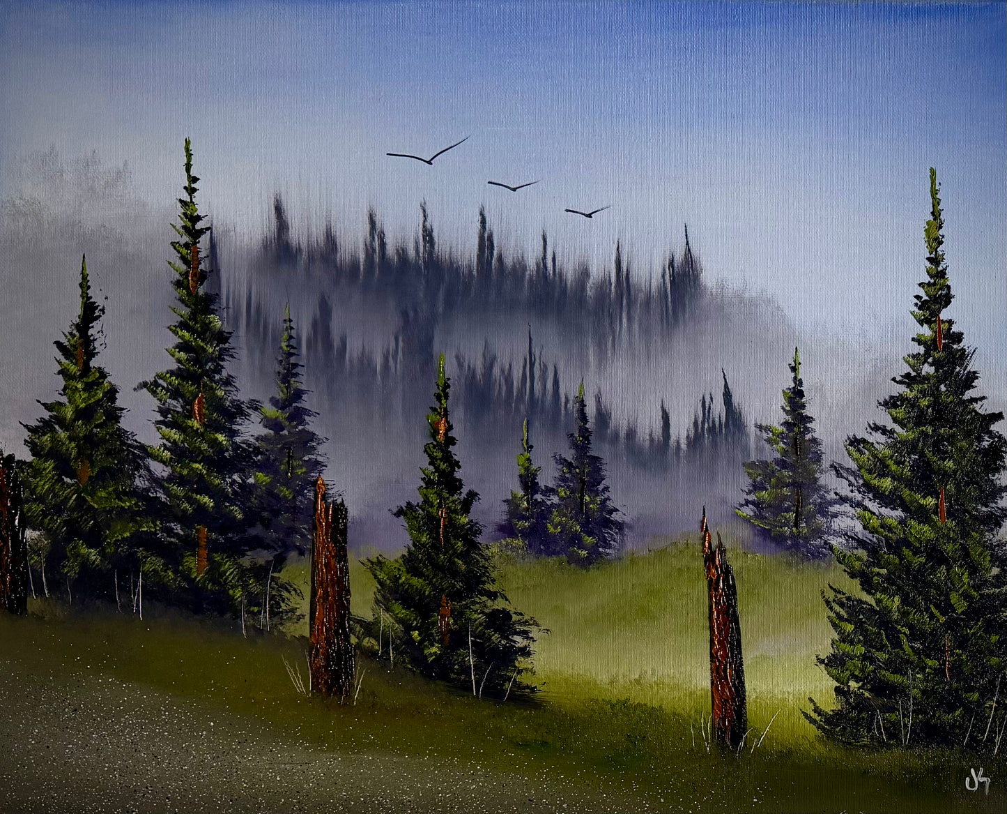Painting #2512 - 16x20" Canvas - Foggy Forest Landscape painted 7-11-26
