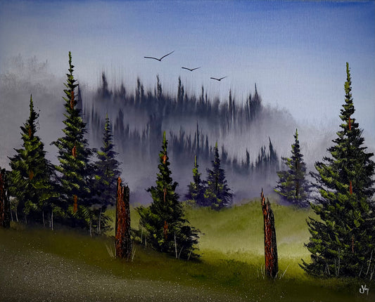 Painting #2512 - 16x20" Canvas - Foggy Forest Landscape painted 7-11-26