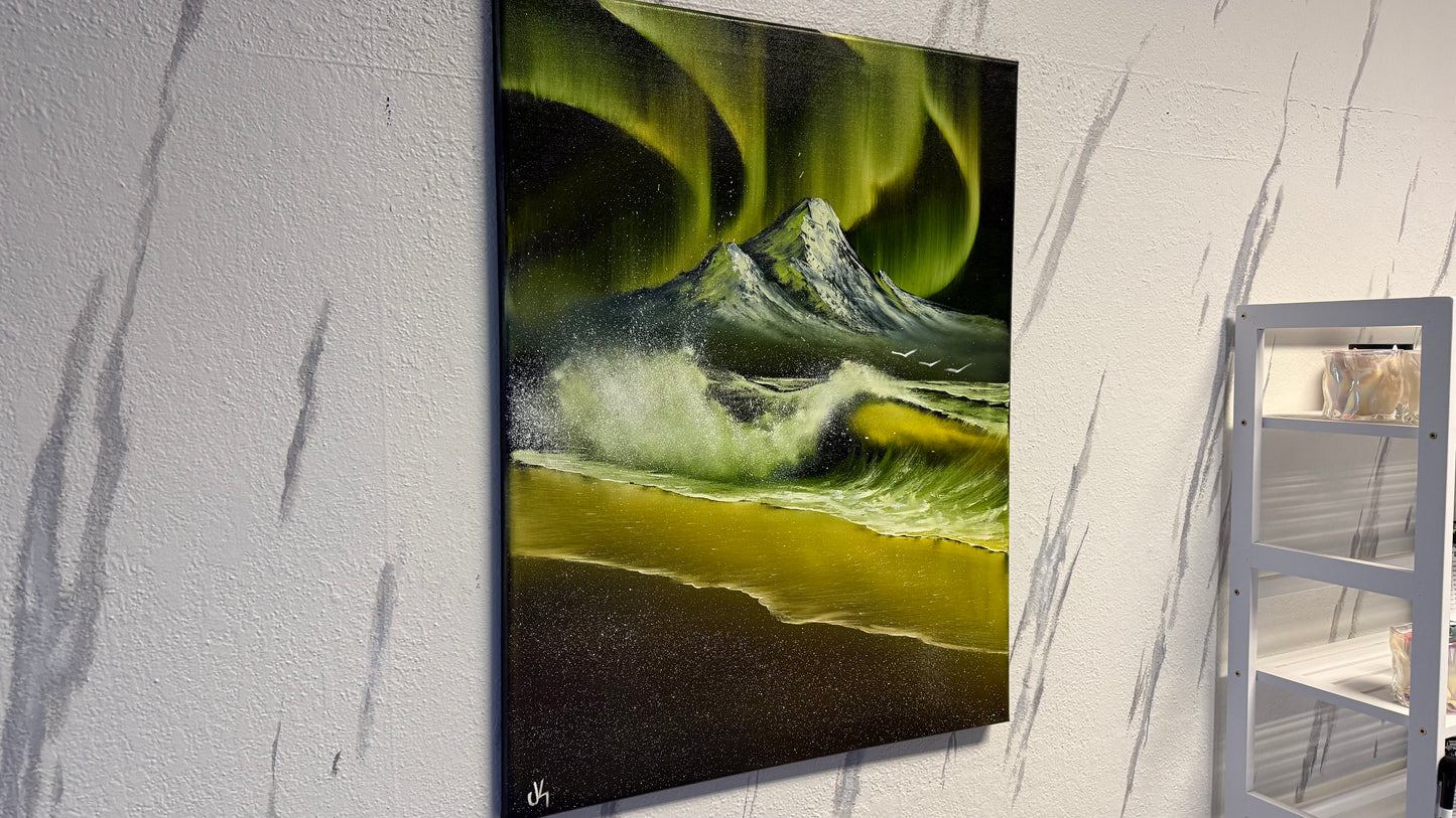 Painting #1977 - 22x28" Canvas - Aurora Mountain Seascape painted 8-4-25