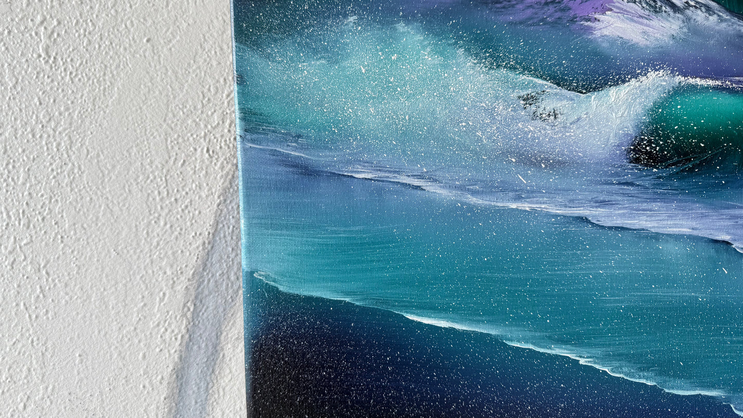 Painting #2003 - 16x20" Canvas - Aurora Mountain Seascape painted 8-17-25