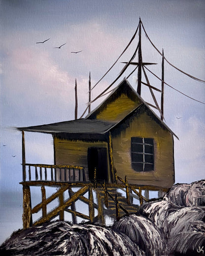 Painting #2437 - 16x20" Canvas - Fisherman's House Seascape painted 5-14-26