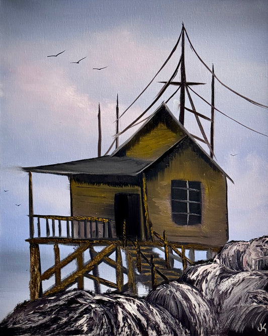 Painting #2437 - 16x20" Canvas - Fisherman's House Seascape painted 5-14-26