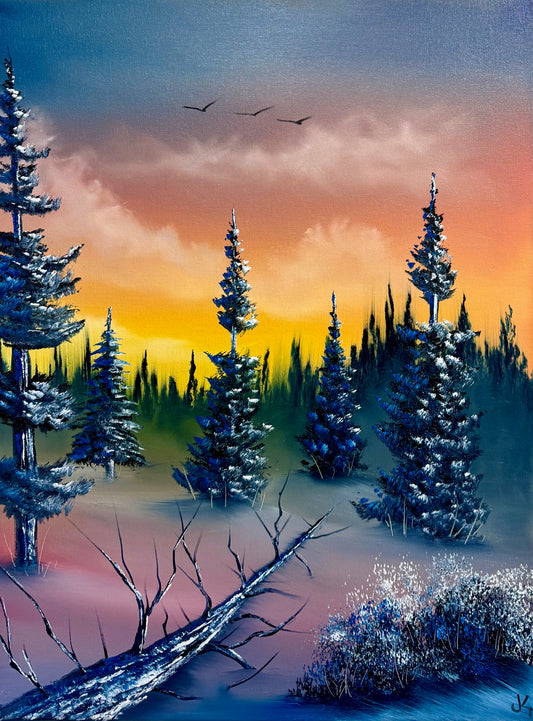 Painting #1672 - 18x24" Canvas - Sunrise Forest Landscape painted 1-25-25