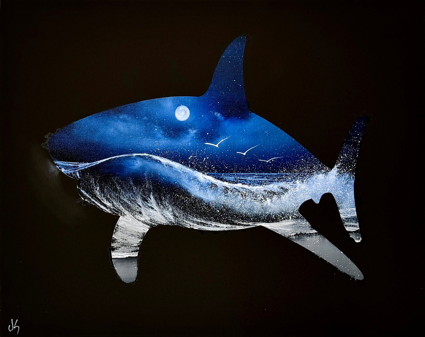 Painting #2350 - 16x20" Canvas - Shark Seascape painted 3-22-26