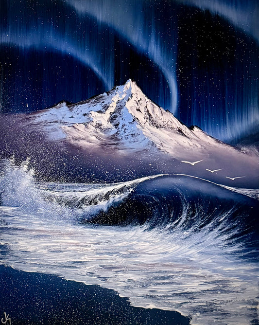 Painting #2380 - Aurora Mountain Seascape with Cross painted 4-7-26
