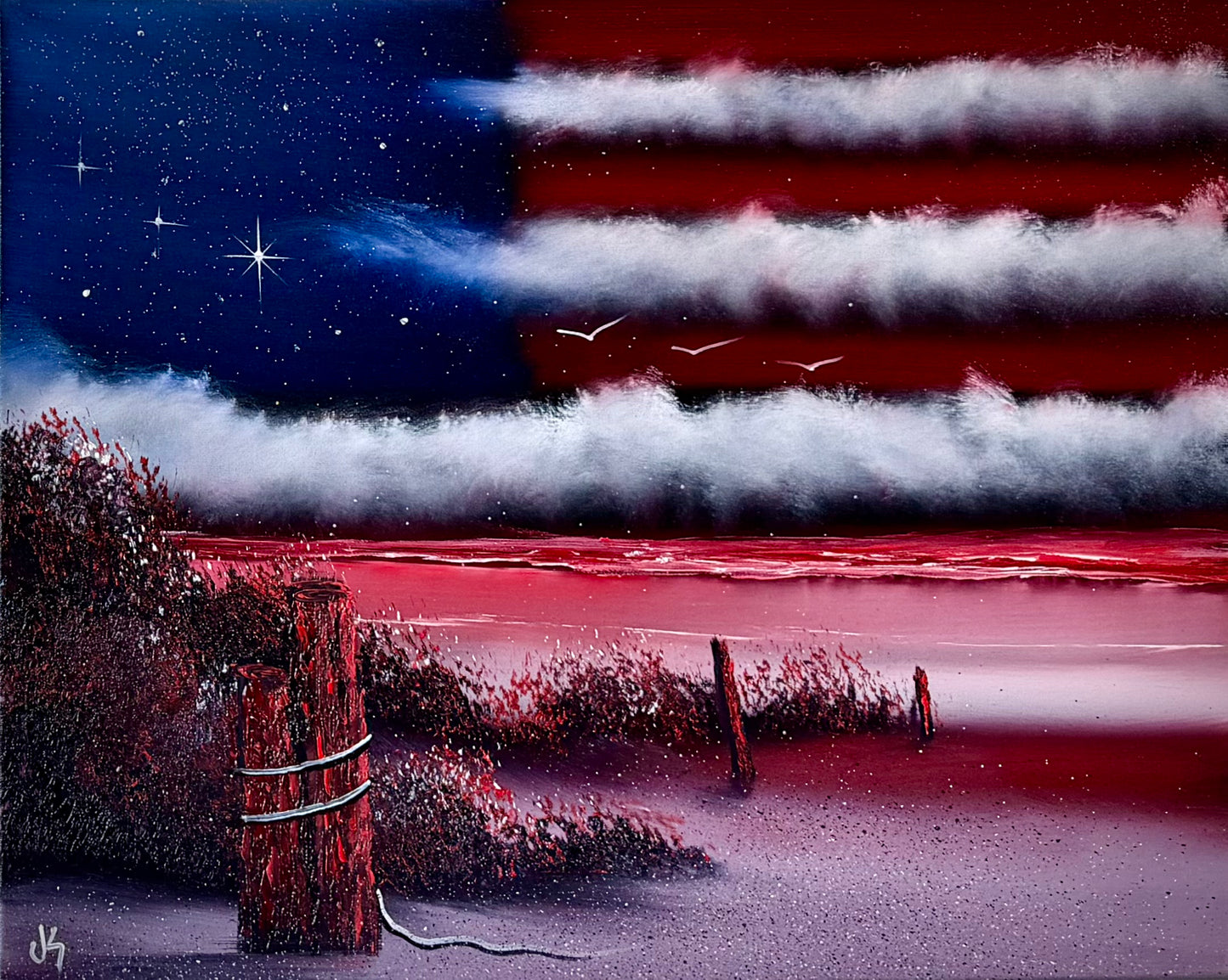 Painting #2486 - 16x20" Canvas - American Flag Seascape painted 6-13-26