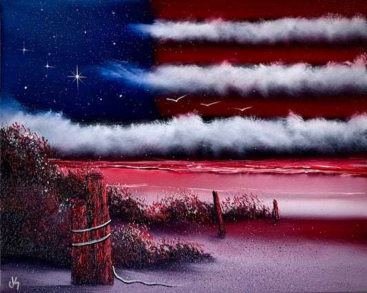 Painting #2486 - 16x20" Canvas - American Flag Seascape painted 6-13-26