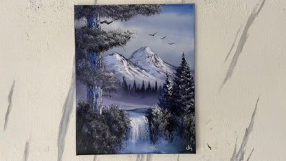 Painting #1997 - 16x20" Canvas - Winter Forest Waterfall Landscape painted 8-15-25