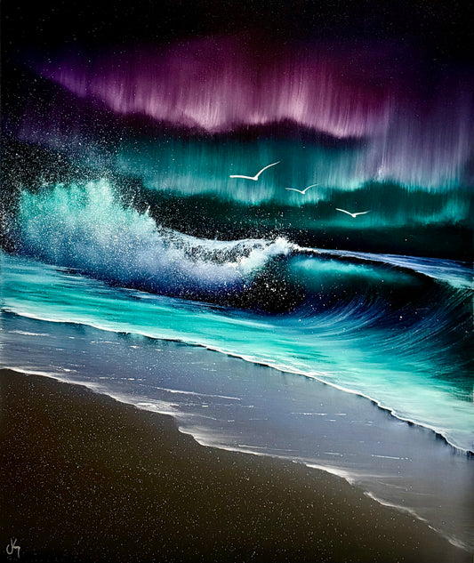 Painting #2158 - 20x24" Canvas - Northern Lights Seascape painted 11-22-25
