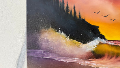 Painting #1975 - 16x20" Canvas - Sunset Oregon Coast Seascape painted 8-3-25