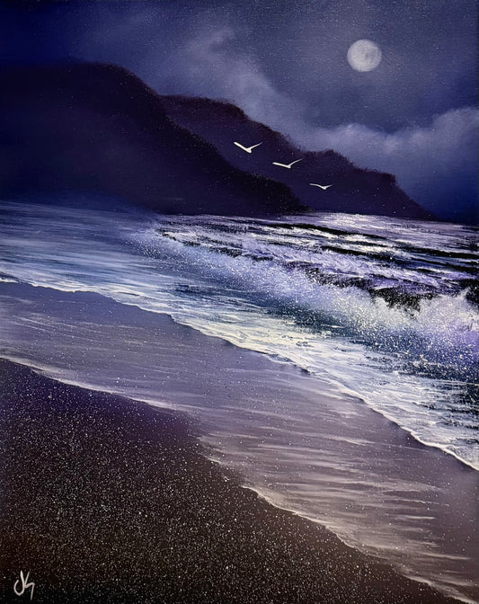 Painting #2086 - 16x20" Canvas - Oregon Coast Night Seascape painted 10-4-25