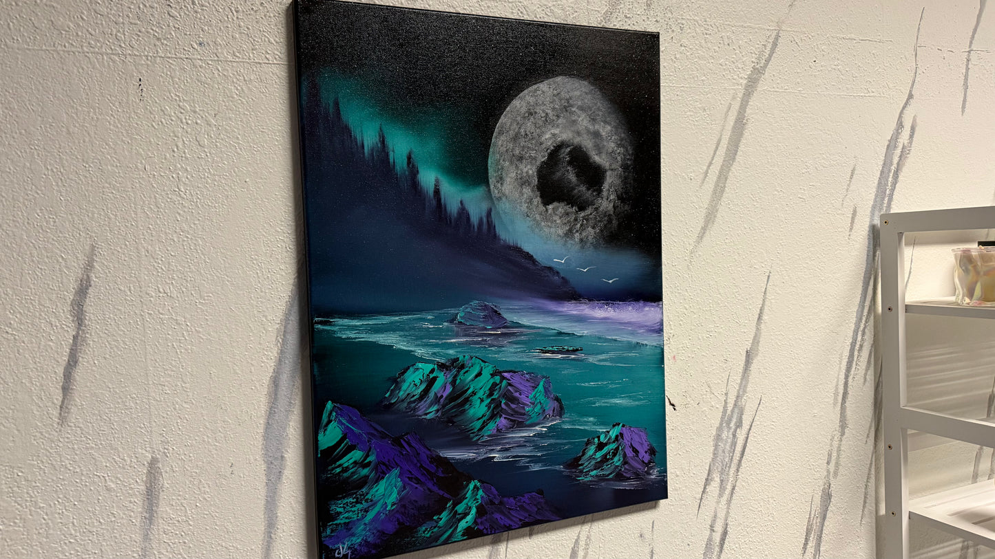Painting #2007 - 18x24" Canvas - Full Moon Seascape painted 8-18-25