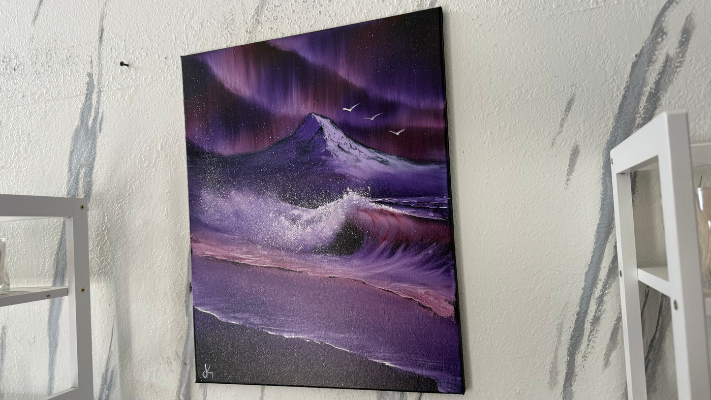 Painting #2031 - 16x20" Canvas - Aurora Mountain Seascape painted 8-31-25