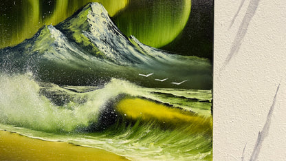 Painting #1977 - 22x28" Canvas - Aurora Mountain Seascape painted 8-4-25