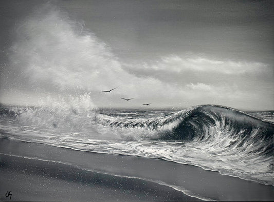 Painting #2523 - 18x24" Canvas - Black and White Seascape painted 7-23-26