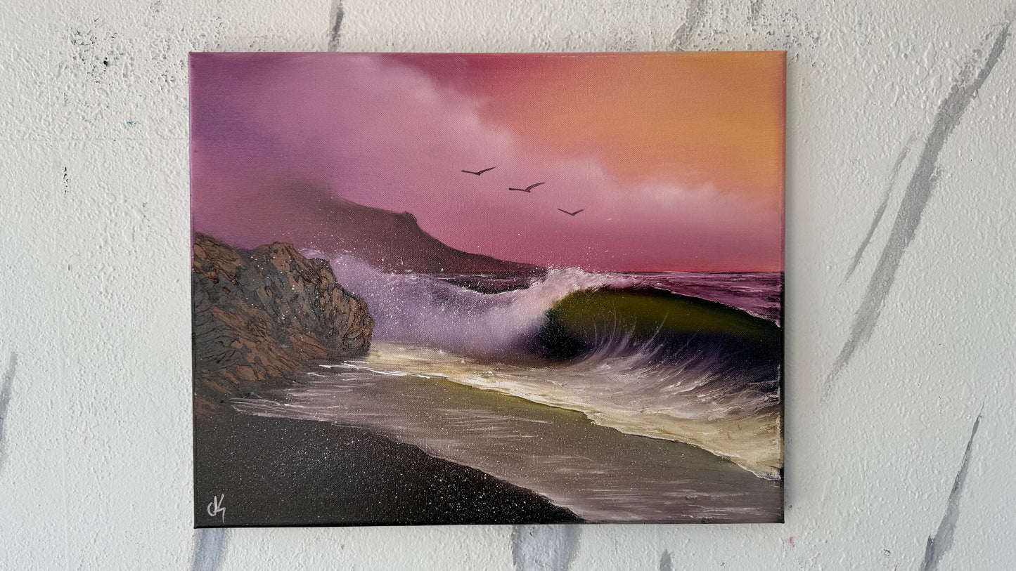 Painting #1994 - 16x20" Canvas - Rocky Sunset Seascape painted 8-14-25