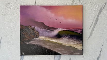 Painting #1994 - 16x20" Canvas - Rocky Sunset Seascape painted 8-14-25