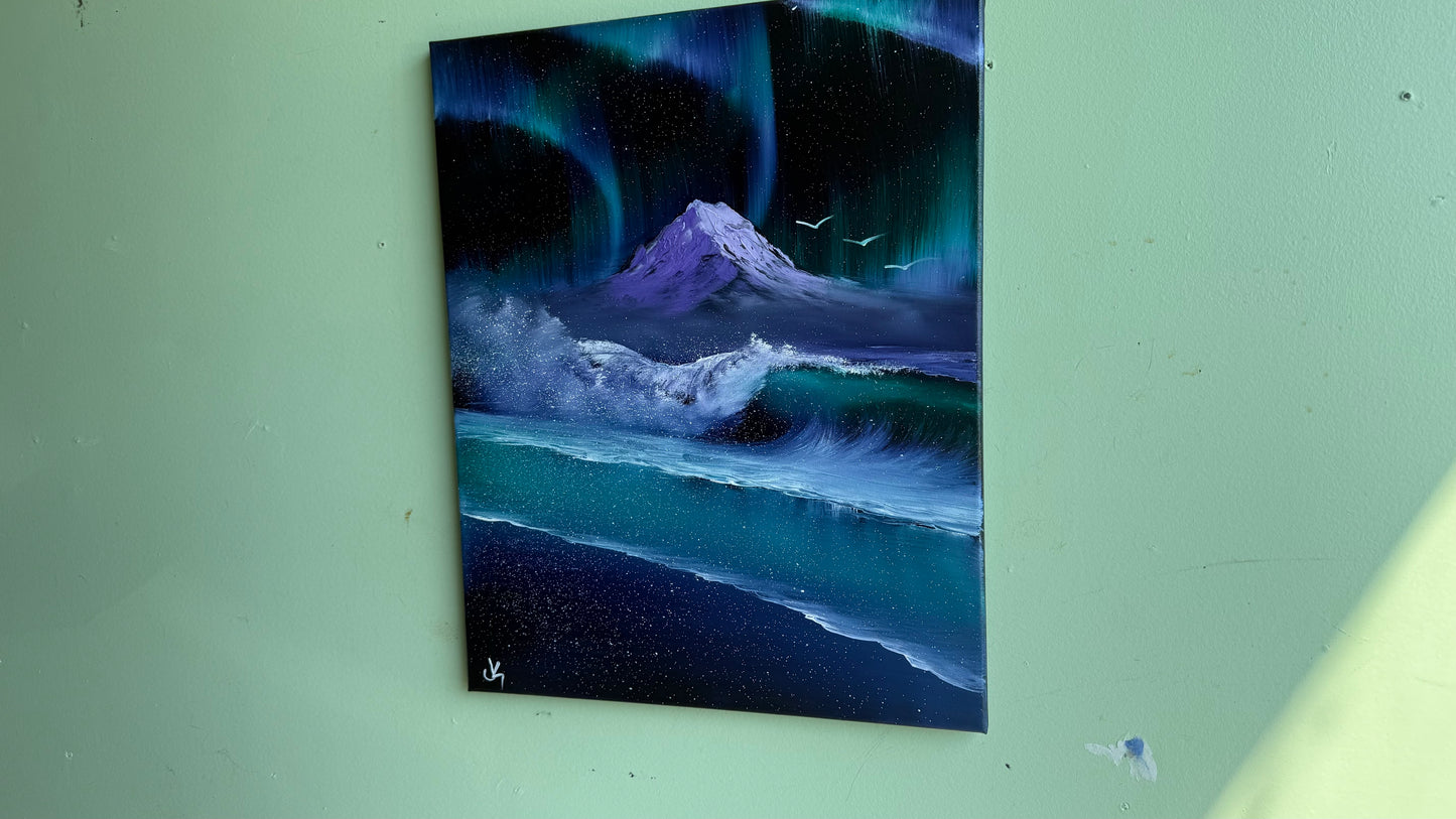 Painting #2017 - 16x20" Canvas - Aurora Mountain Seascape painted 8-24-25