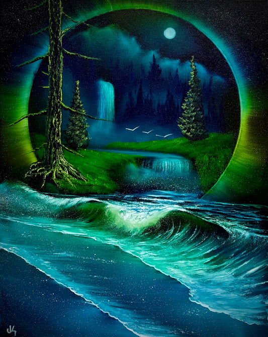 Painting #1741- 24x30" Pro Series Canvas - Portal Waterfall Seascape painted 3-10-25