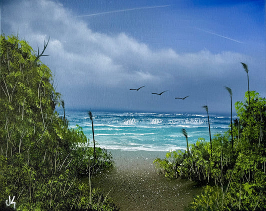 Painting #1877 - 16x20" Canvas -  Cattails Seascape painted 6-4-25