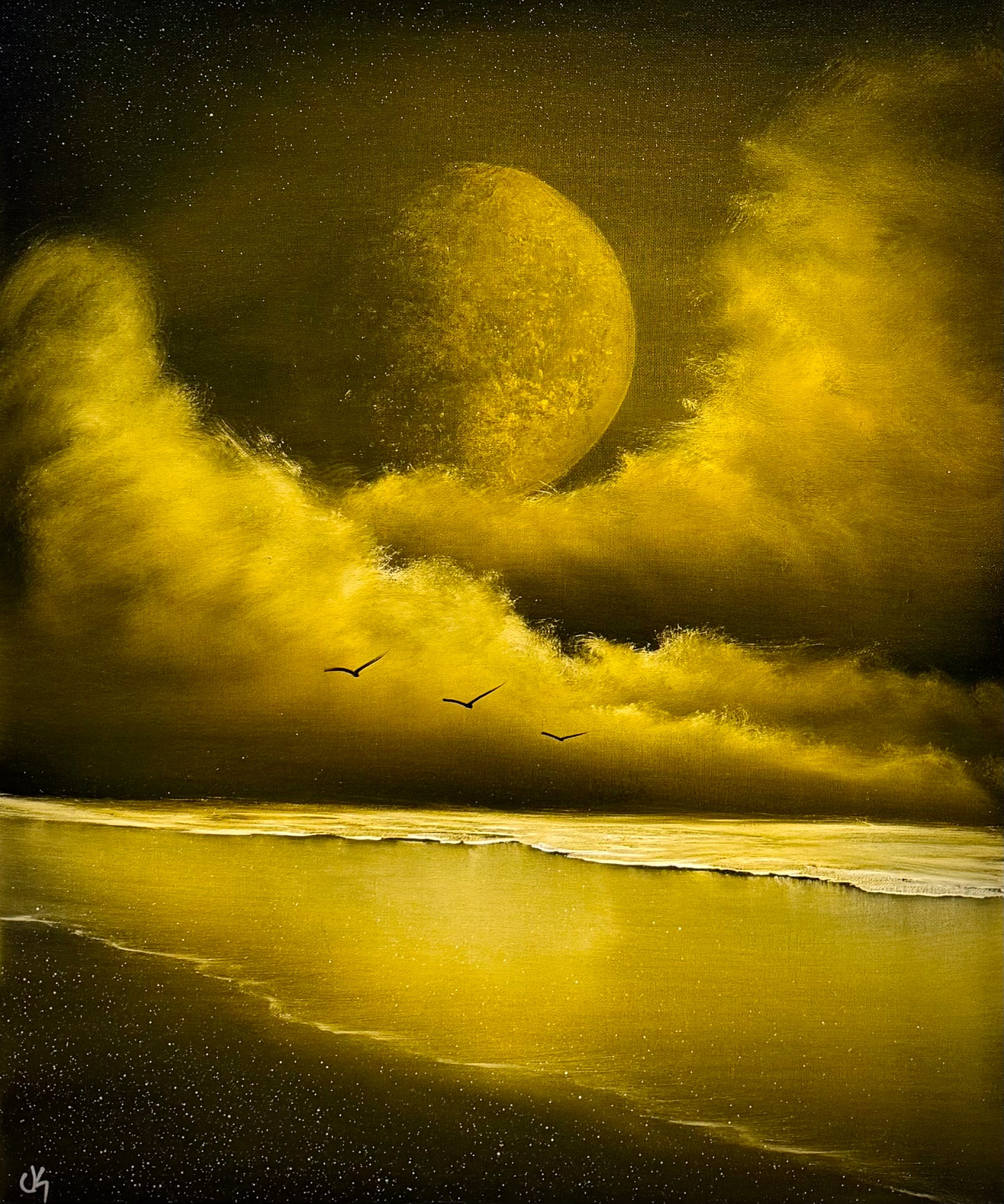 Painting #2573 - 20x24" Canvas - Full Moon Seascape painted 8-29-26