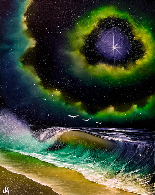 Painting #1750 - 16x20" Pro Series Canvas - Space Nebula Seascape painted 3-20-25