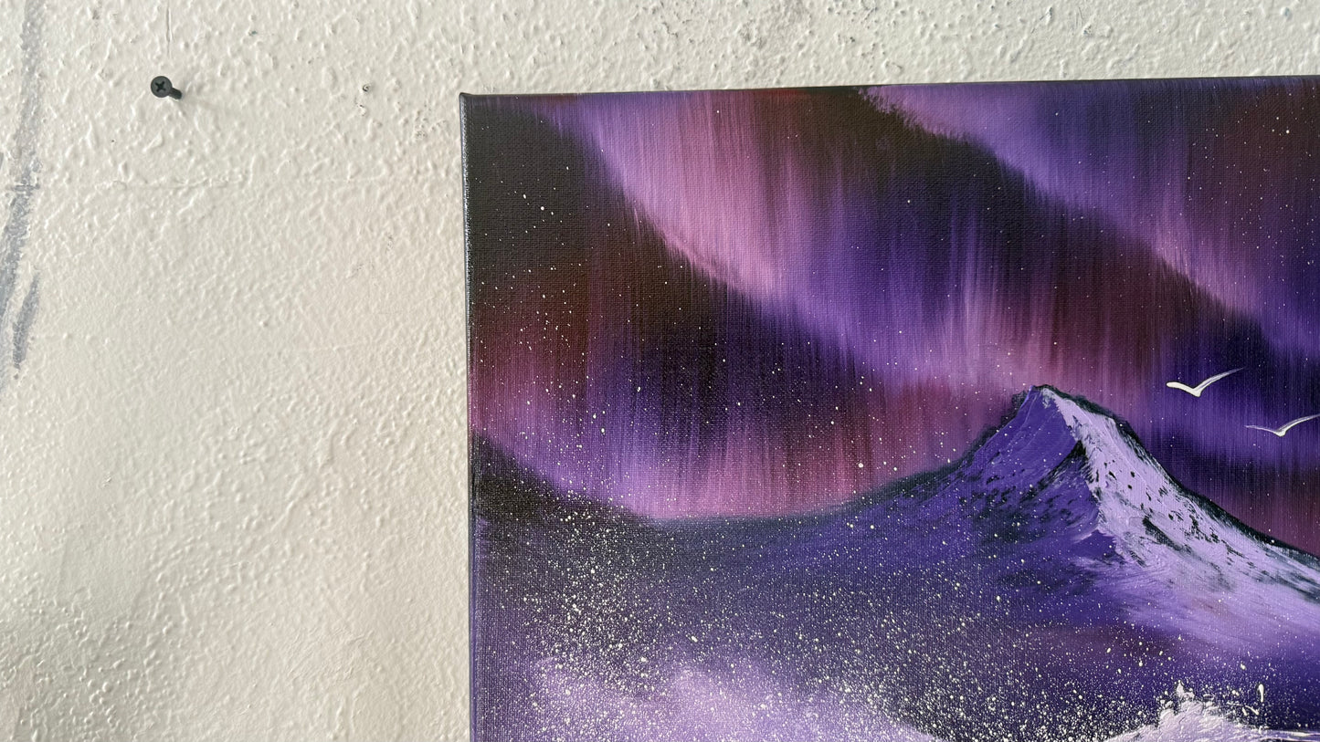 Painting #2031 - 16x20" Canvas - Aurora Mountain Seascape painted 8-31-25