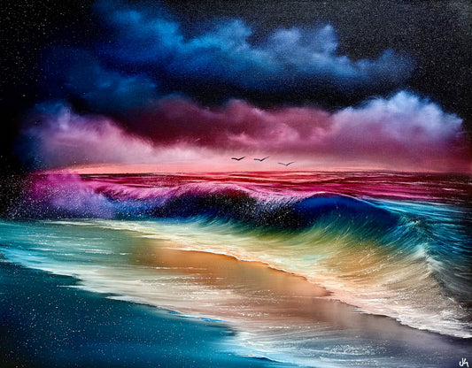 Painting #1663 - LED Light Kit with remote - 22x28" Stapleback Canvas - Sunrise Seascape painted 1-19-25