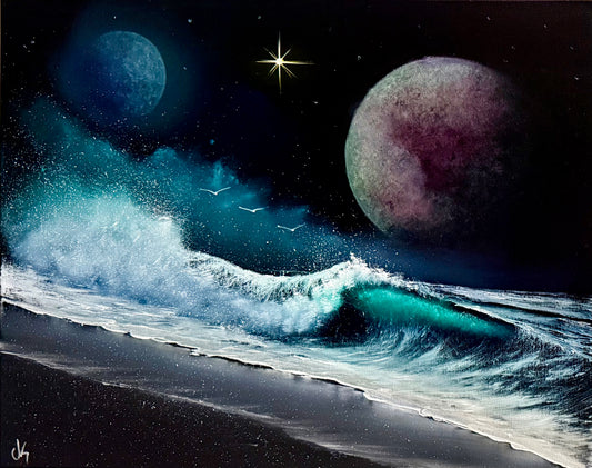 Painting #2250 - 16x20" Canvas - Teal Blue Space Seascape painted 1-22-26