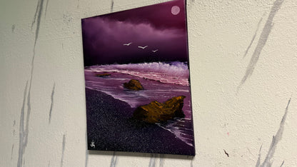 Painting #2001 - 16x20" Canvas - Full Moon Seascape painted 8-16-25