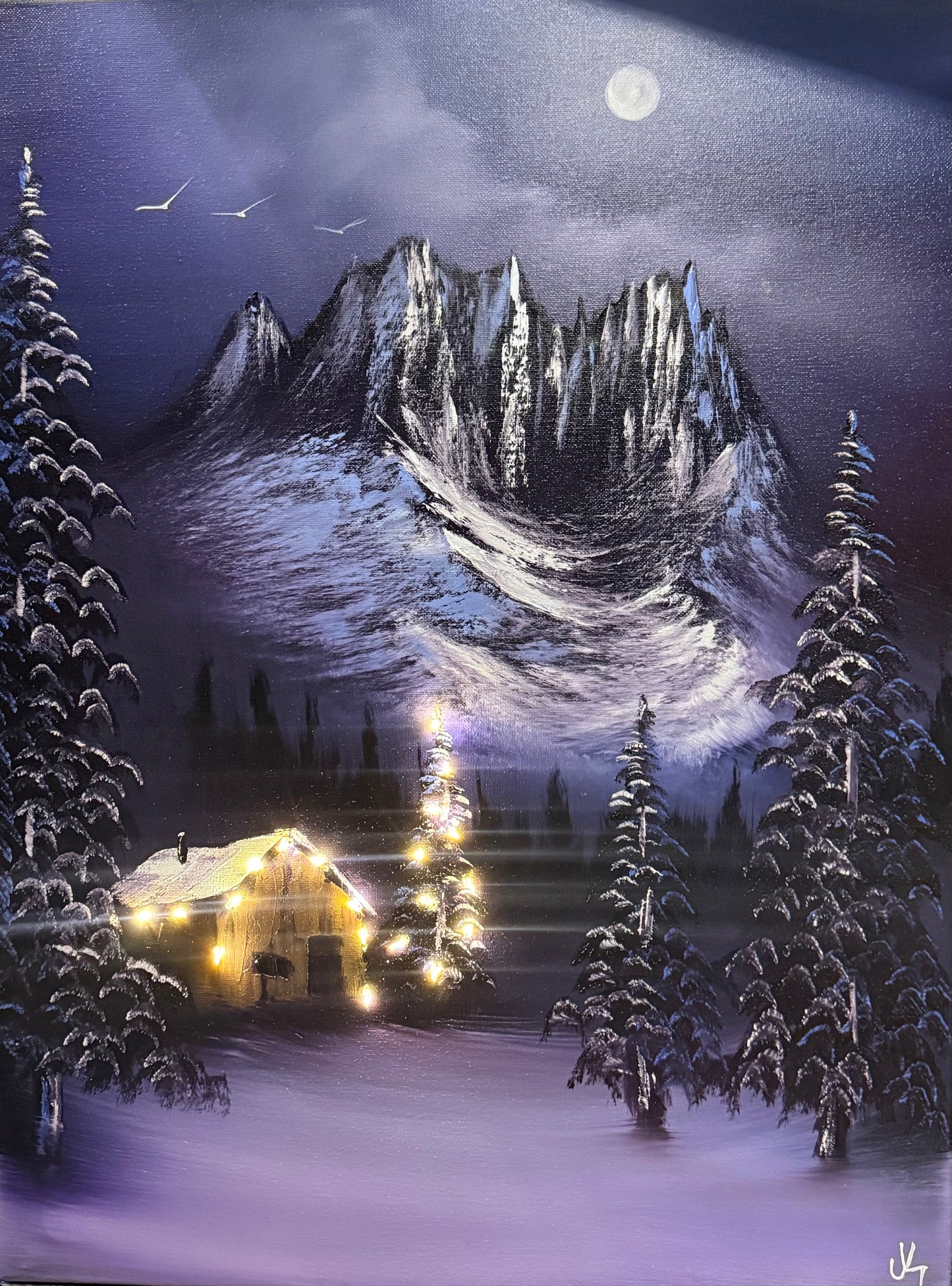 Painting #2114 - 18x24" Canvas - Forest Cabin Painting with Fairy Lights painted 10-23-25