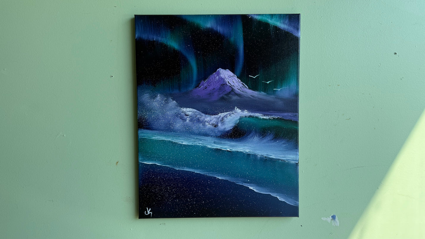 Painting #2017 - 16x20" Canvas - Aurora Mountain Seascape painted 8-24-25