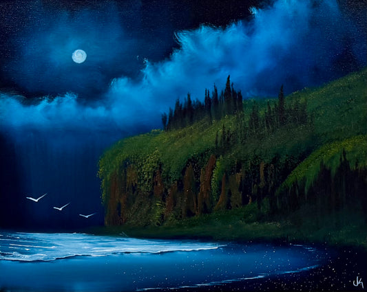 Painting #2531 - 16x20" Canvas - Coastal Night Seascape painted 7-27-26