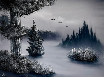Painting #2004 - 18x24" Canvas - Winter Cabin Landscape painted 8-17-25