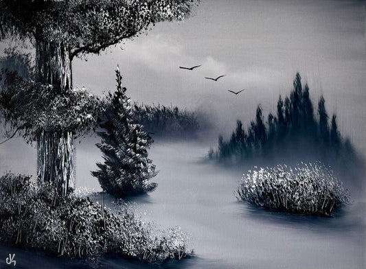 Painting #2004 - 18x24" Canvas - Winter Cabin Landscape painted 8-17-25