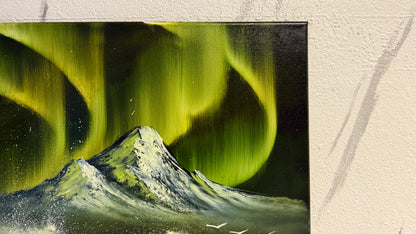 Painting #1977 - 22x28" Canvas - Aurora Mountain Seascape painted 8-4-25