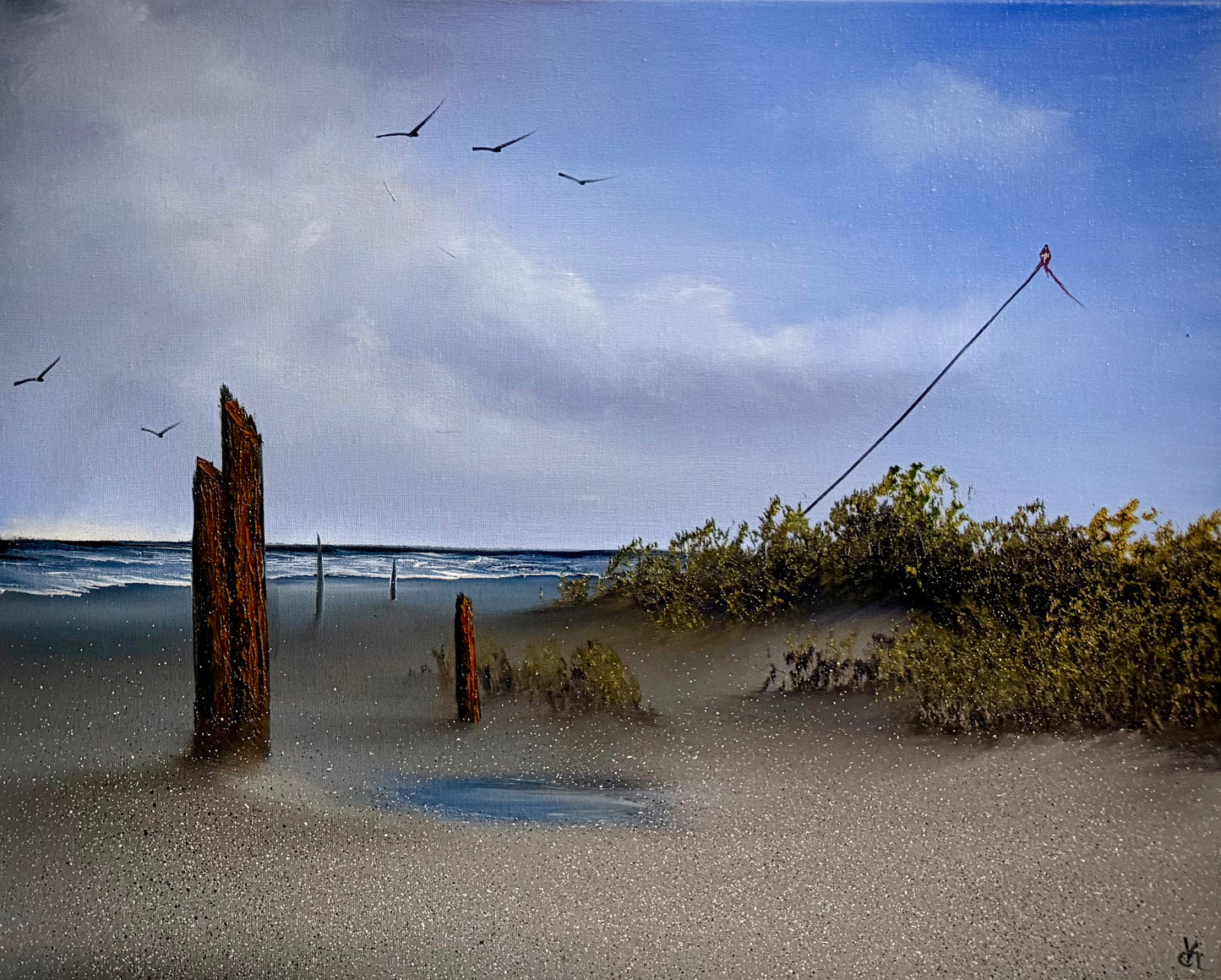 Painting #2419 - 16x20" Canvas - Kite Flying Seascape painted 4-30-26