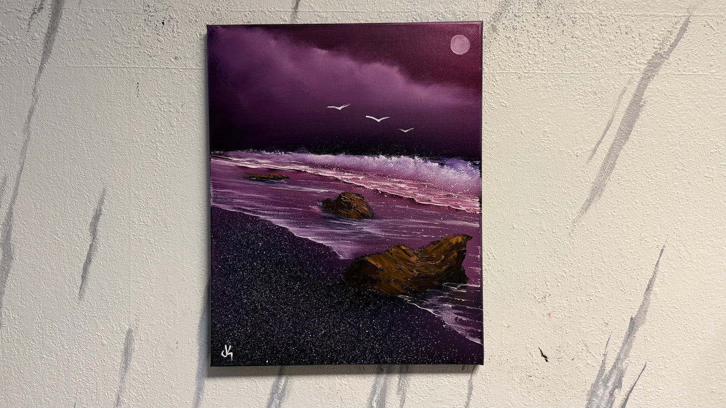 Painting #2001 - 16x20" Canvas - Full Moon Seascape painted 8-16-25