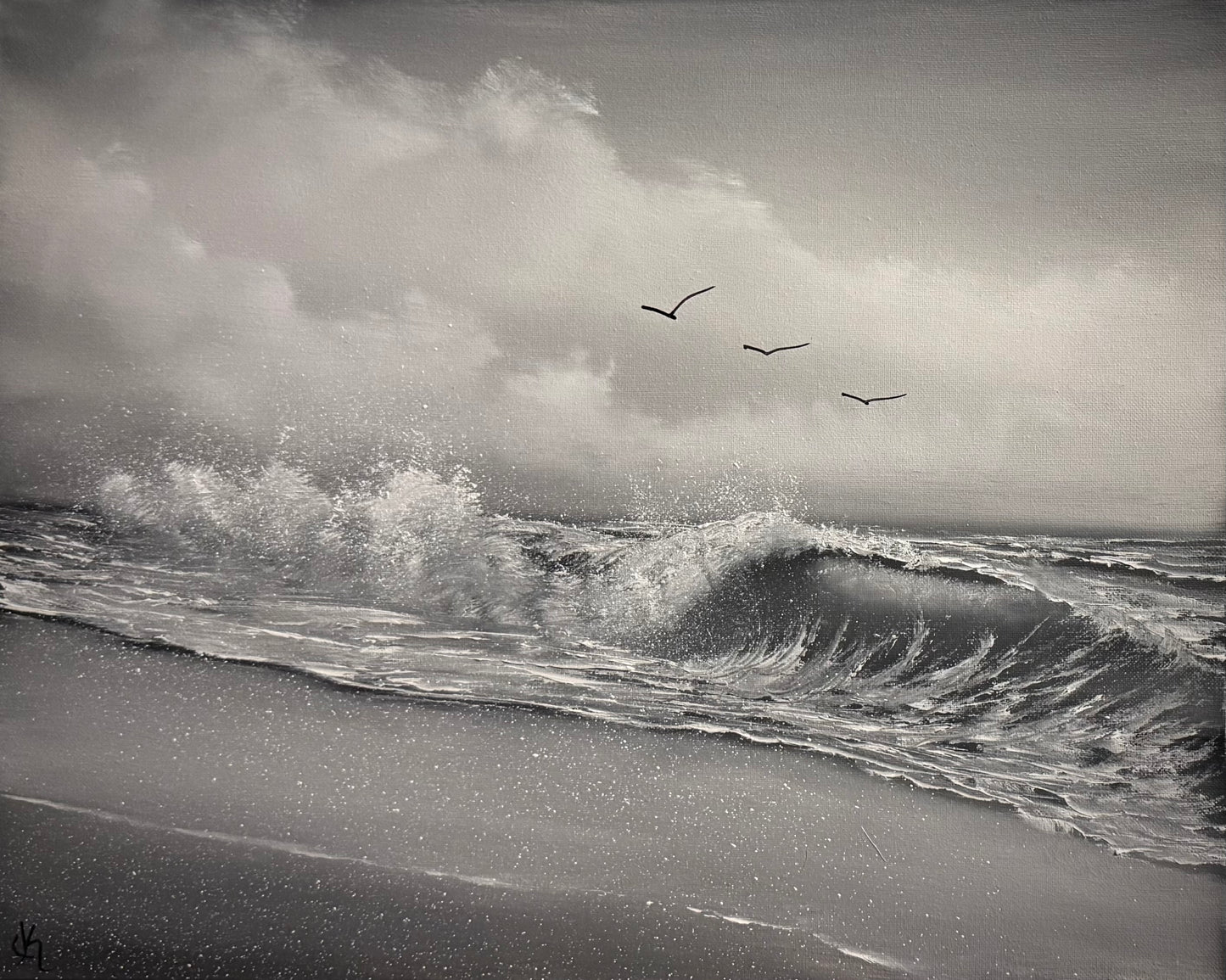 Painting #2266 - 16x20" Canvas - Black & White Seascape painted 2-1-26