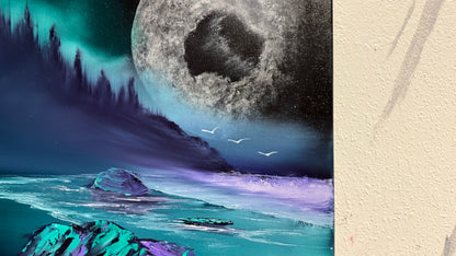 Painting #2007 - 18x24" Canvas - Full Moon Seascape painted 8-18-25
