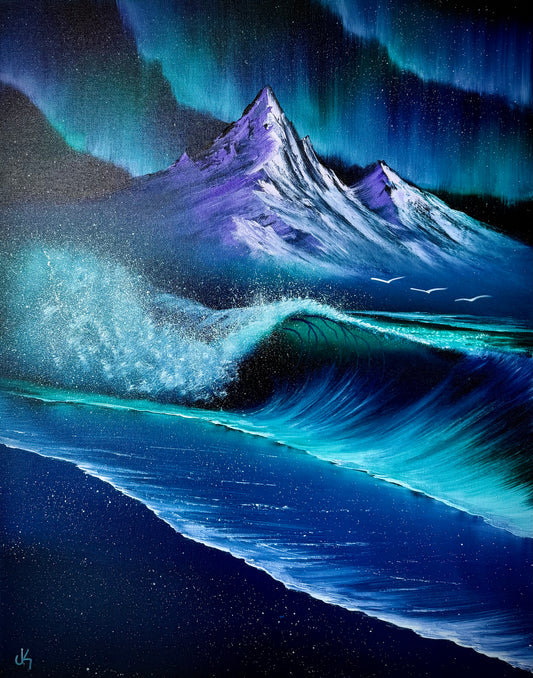 Painting #1826 - 22x28" Canvas - Aurora Mountain Seascape painted 4-28-25