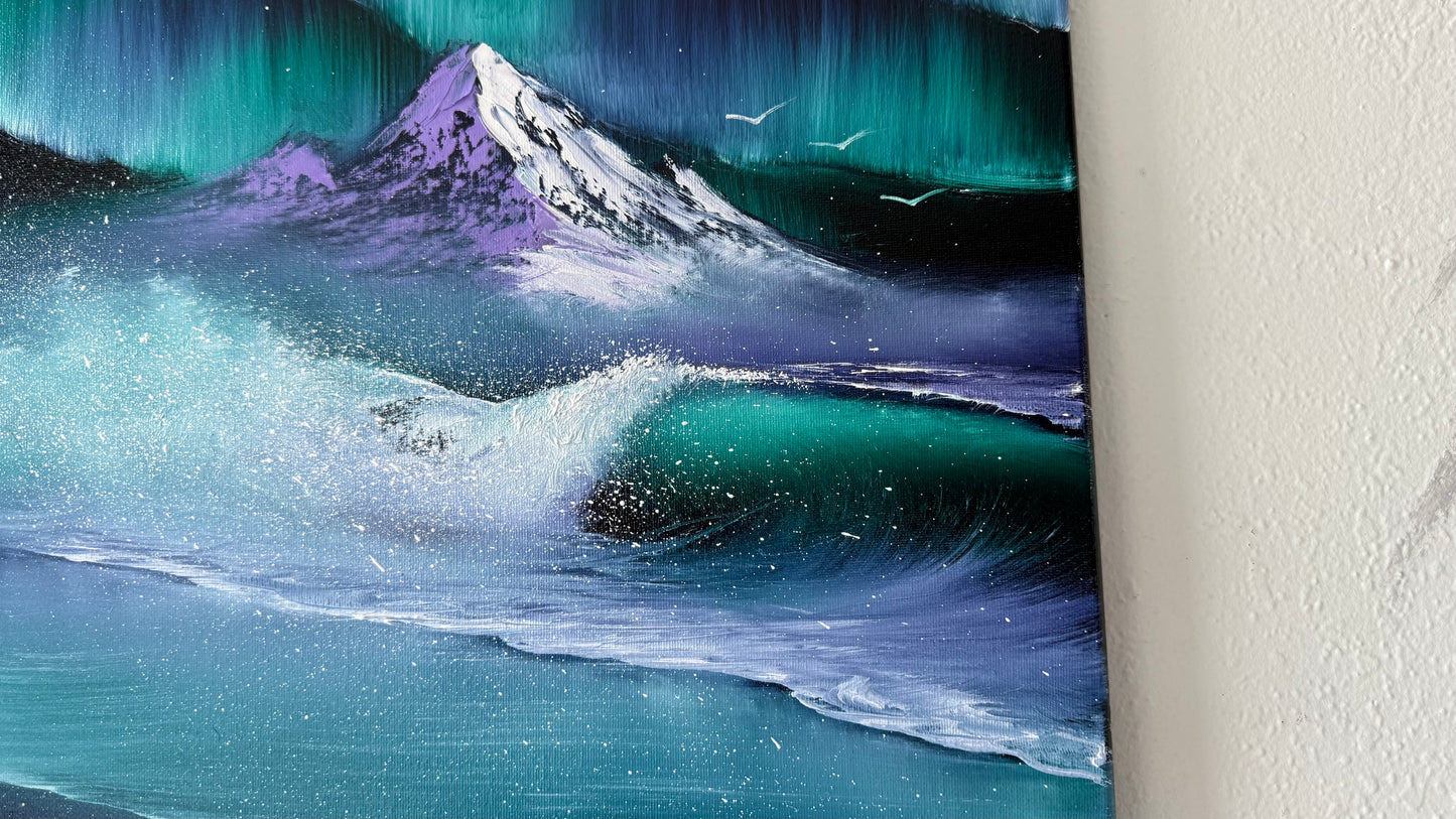 Painting #2003 - 16x20" Canvas - Aurora Mountain Seascape painted 8-17-25